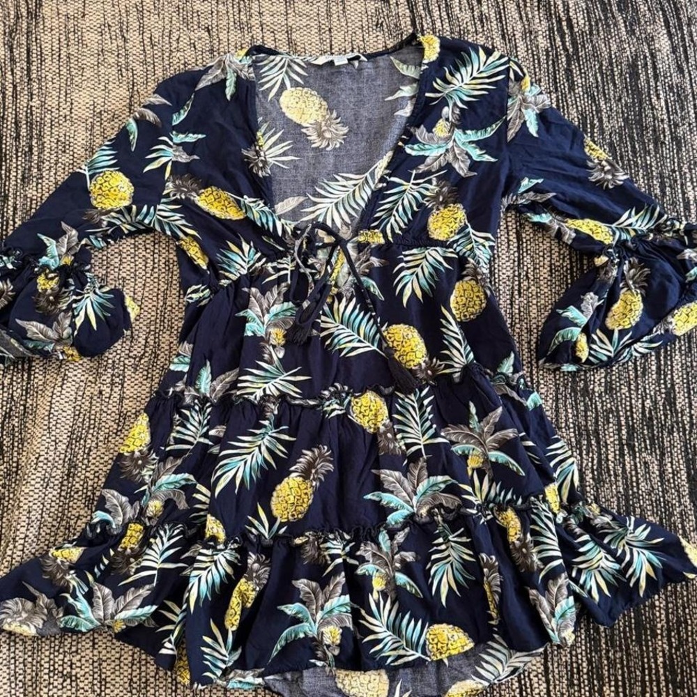 Blue Island navy blue pineapple and palm leaf print dress with ruffle sleeves